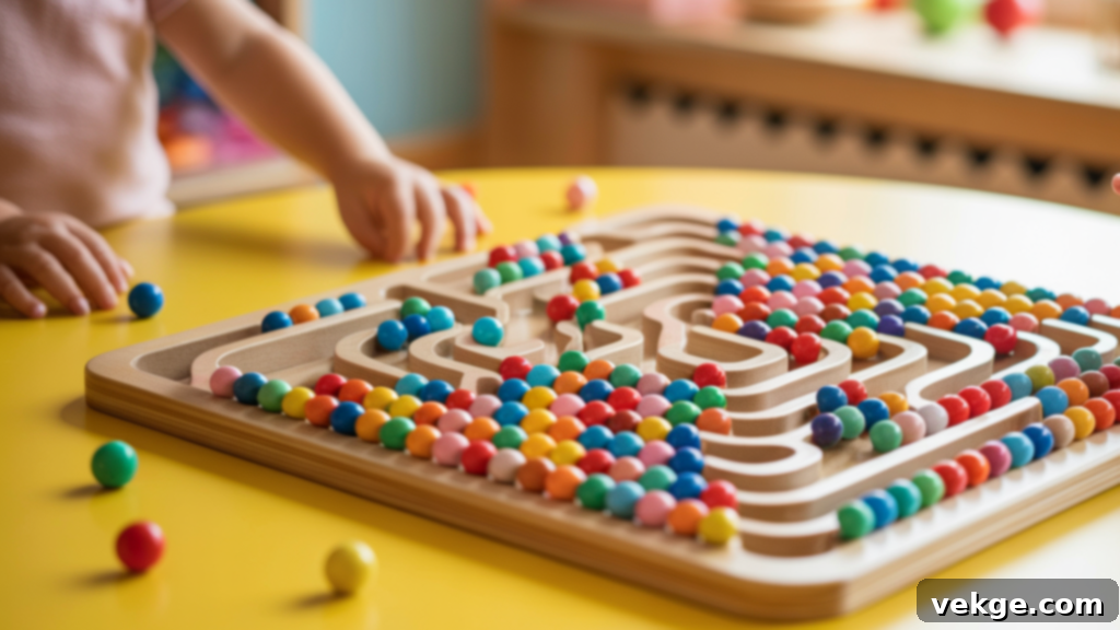 Children's bead maze board with colorful beads glued onto a wooden surface, promoting sensory play and tracing skills.