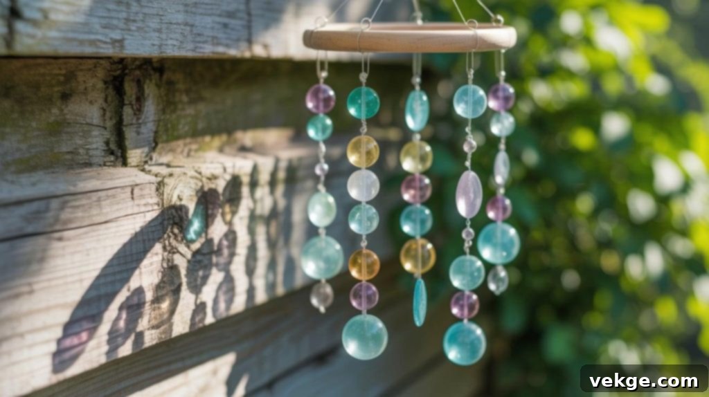 Beautiful beaded wind chimes with translucent beads, fishing line, and driftwood, creating musical sounds outdoors.