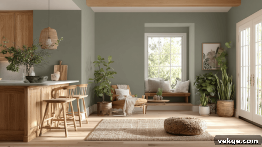 Sherwin-Williams Clary Sage (SW 6178) - A soft, earthy green paint with warm undertones for comfort and calm in kitchens, bedrooms, or cozy corners.
