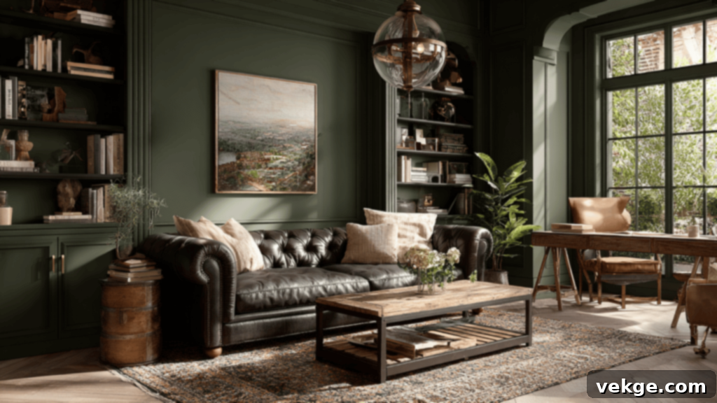 Sherwin-Williams Rosemary (SW 6187) - A deep, herbal green paint that adds richness and style to feature walls, cabinetry, or moody bedrooms.