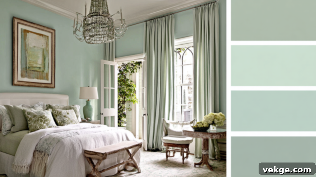 Sherwin-Williams Rainwashed (SW 6211) - A gentle green paint with cool blue and gray undertones, perfect for sun-filled living rooms and home offices.