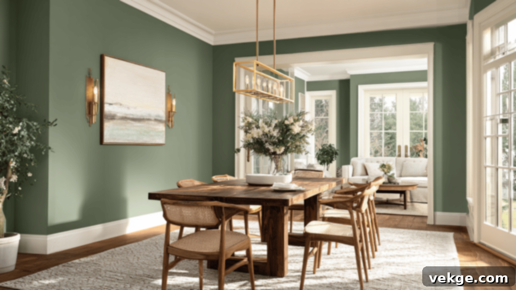 Benjamin Moore Cushing Green (HC-125) - A rich, muted green paint with a sophisticated edge, great for dining rooms, entryways, and libraries.