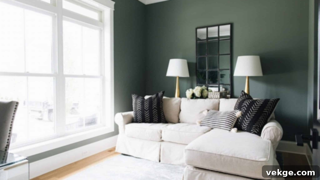Sherwin-Williams Retreat (SW 6207) - An earthy green paint with warm undertones, grounding and peaceful, ideal for bedrooms and larger living rooms.