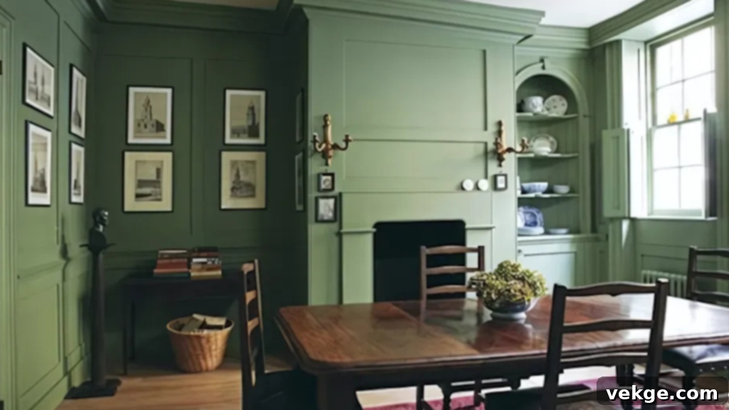 Farrow & Ball Calke Green (No. 34) - A deep, forest-like green paint with old-world charm, perfect for dramatic feature walls or traditional decor.