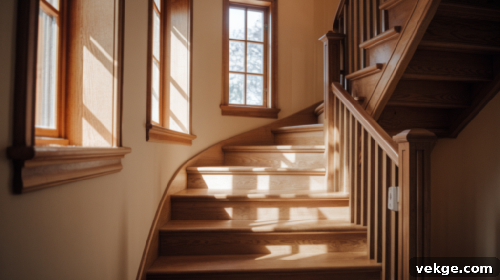 Farmhouse Staircase with wooden steps and natural balustrades