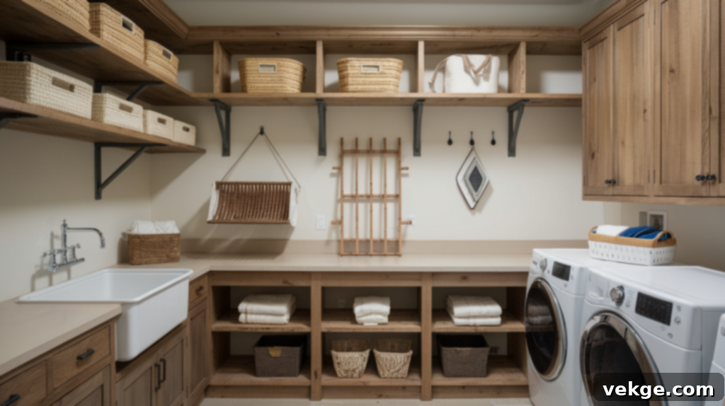 Farmhouse-Style Laundry Room with rustic wooden cabinets and open shelving