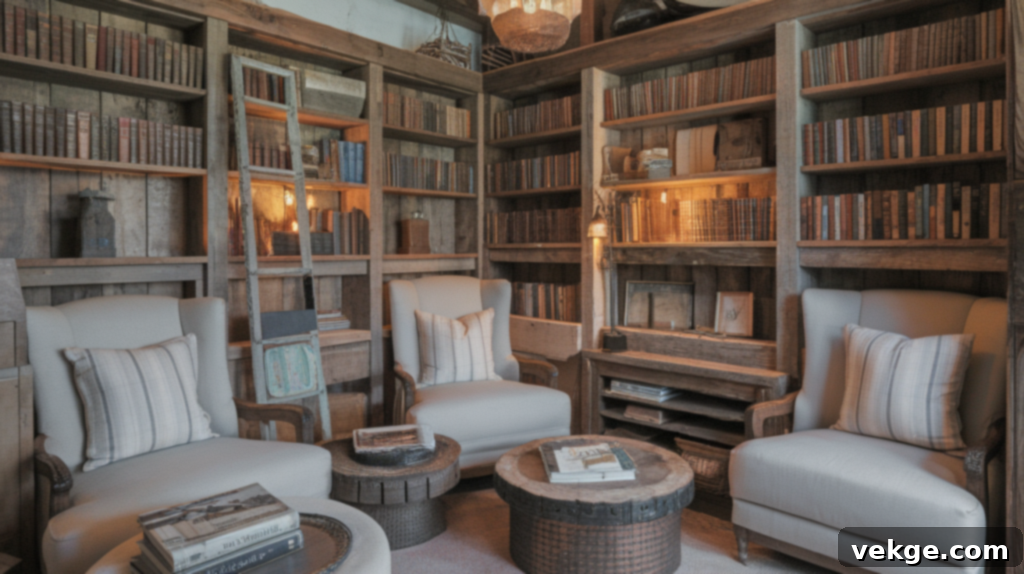 Farmhouse-Style Book Nook with wooden bookshelves and comfortable armchair