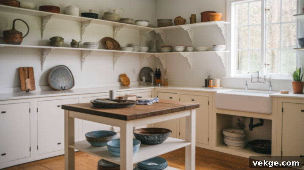 Modern Farmhouse Kitchen with open shelving, farmhouse sink, and wooden island