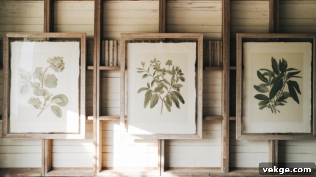 Farmhouse-Inspired Wall Art with framed botanical illustrations and vintage signage