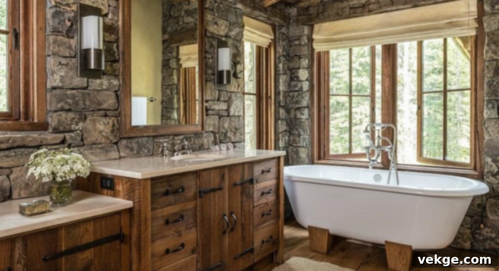 Rustic Modern Farmhouse Bathroom with shaker-style cabinets and natural stone