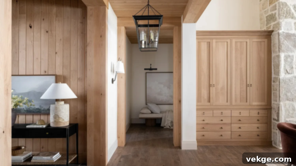 Cozy Farmhouse Entryway with distressed wood furniture and rustic mirrors