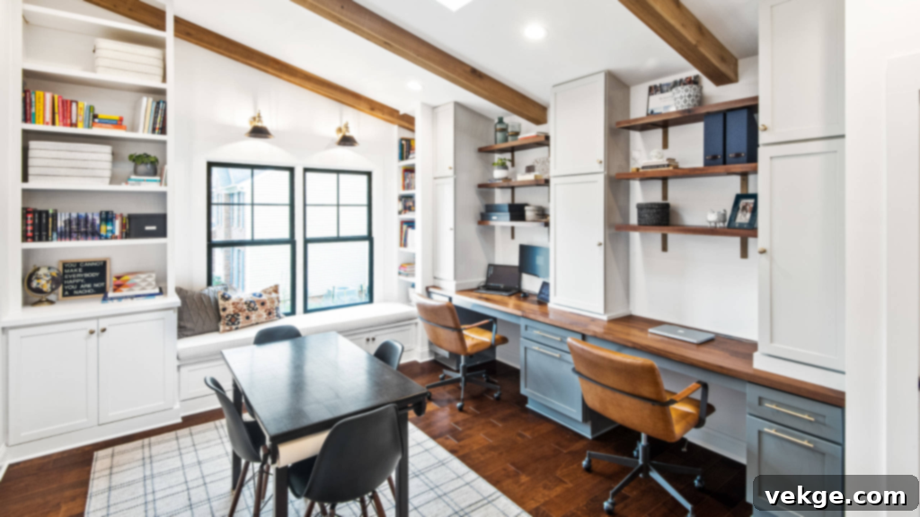 Farmhouse-Inspired Home Office with rustic desk and modern industrial chair