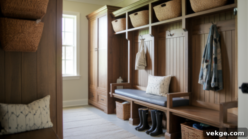 Vintage-Inspired Farmhouse Mudroom with baskets, hooks, and wooden furniture