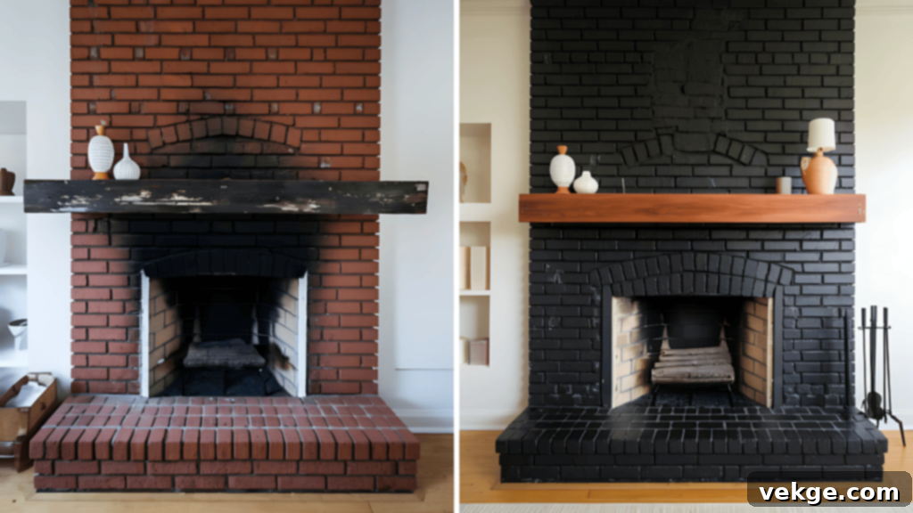 Black Painted Brick with Wood Mantel