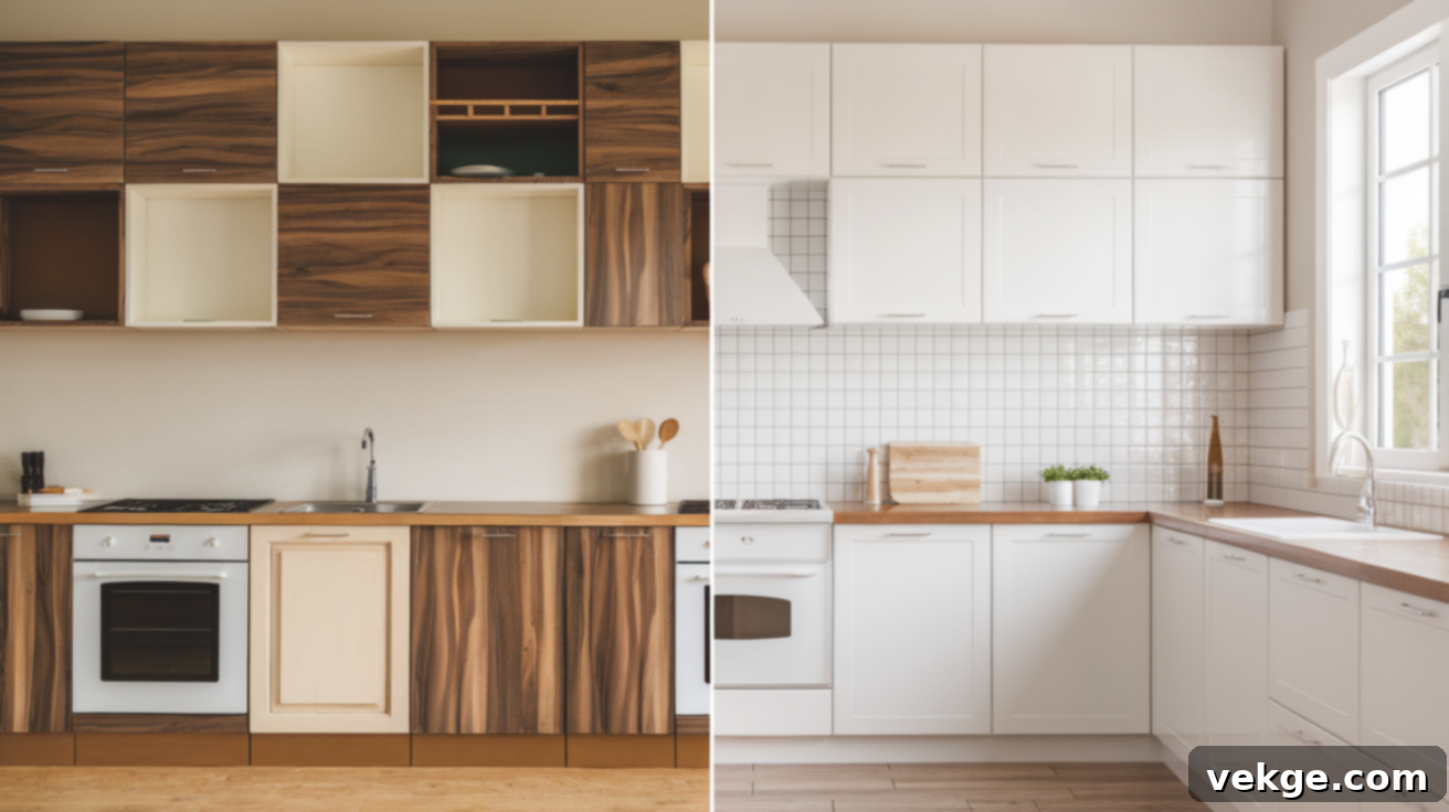 Before and after comparison showing improved veneer or laminate finish on cabinet boxes after refacing.