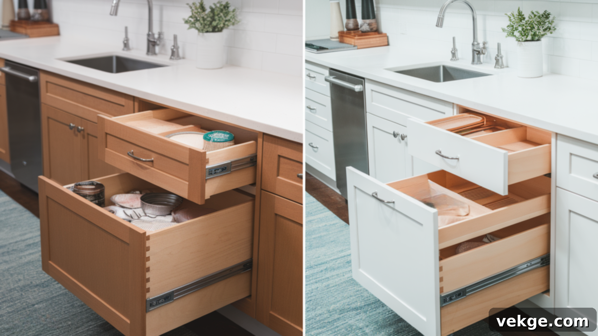 Before and after comparison showing the integration of modern features like soft-close hinges and pull-out trays into refaced cabinets.