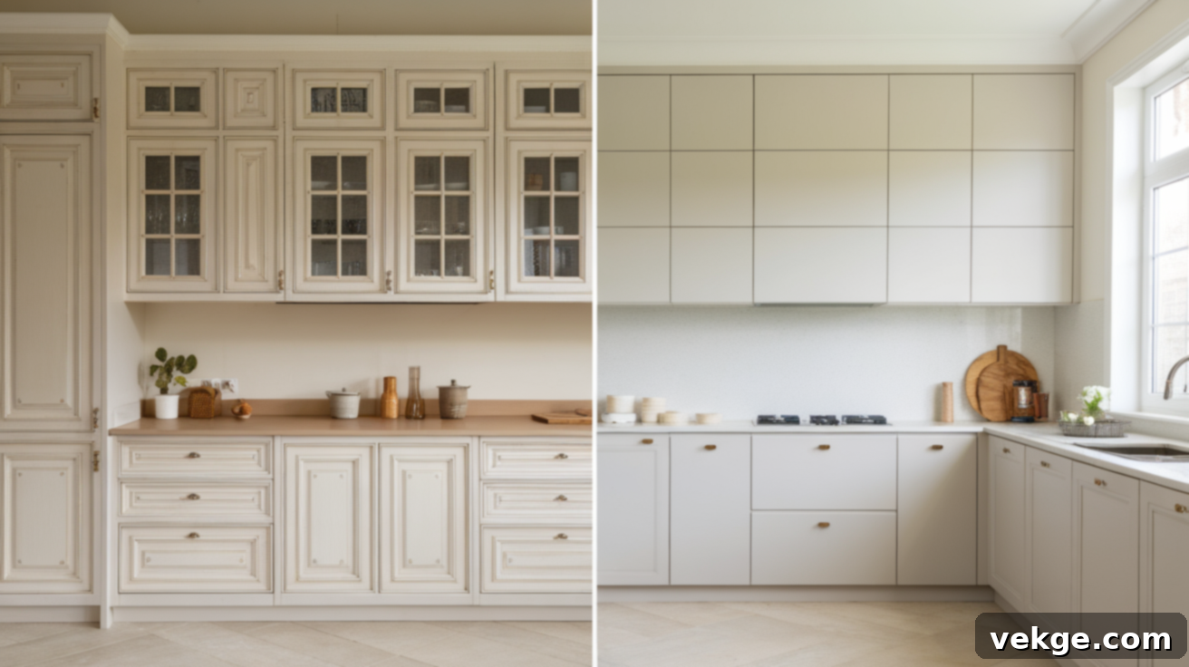 Before and after comparison showing a change in cabinet door style through refacing.