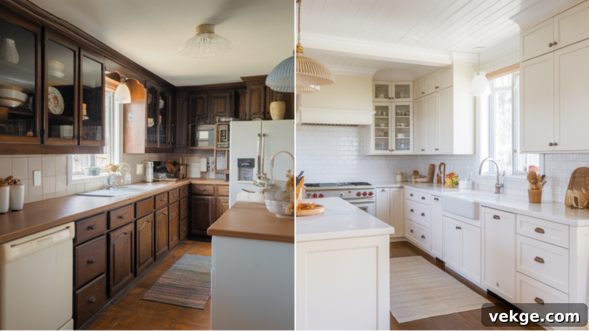 Before and after comparison showing a change in cabinet color through refacing.