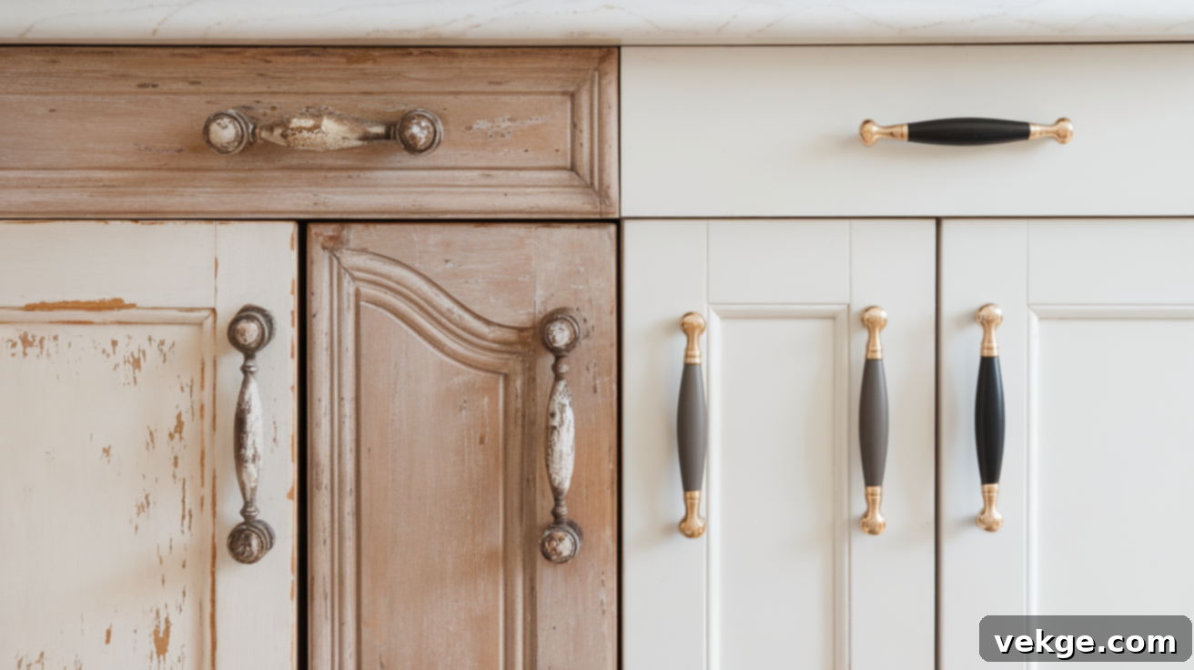 Before and after comparison showing an update in cabinet hardware through refacing.