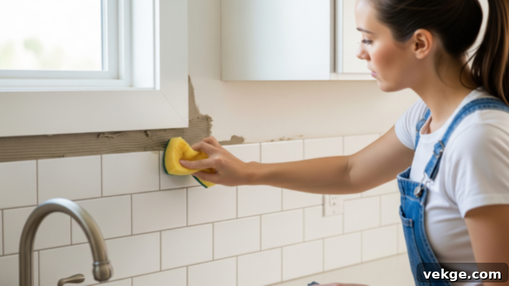 Clean Excess Adhesive and Let Tiles Set
