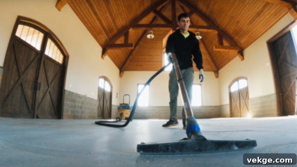 A person cleaning a concrete floor with a mop and bucket, preparing for staining