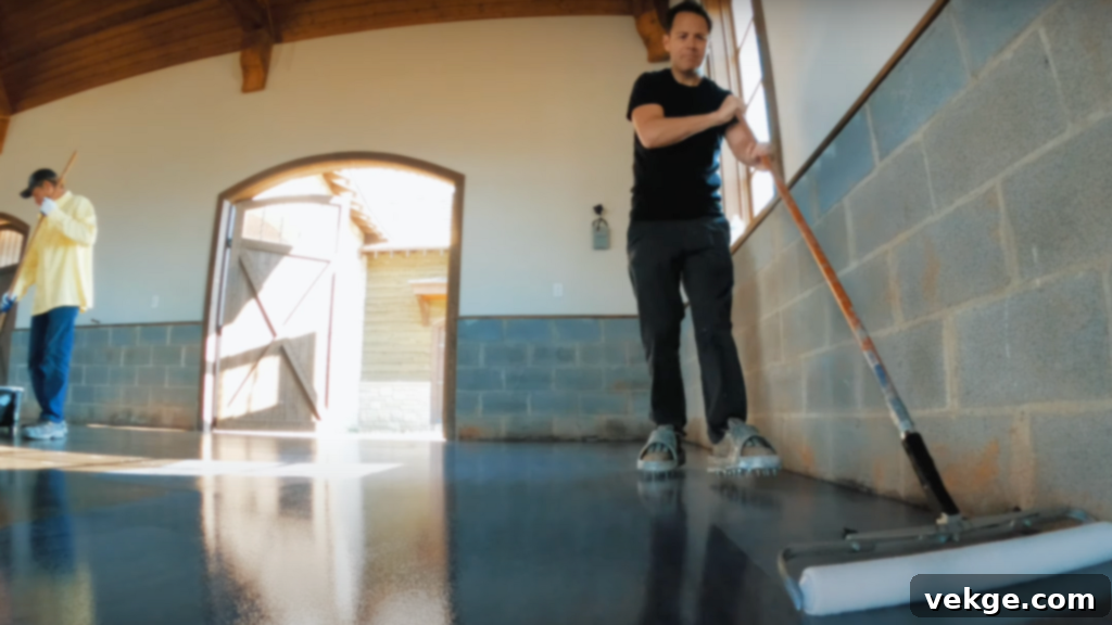 Person applying urethane topcoat to a freshly sealed concrete floor with a roller