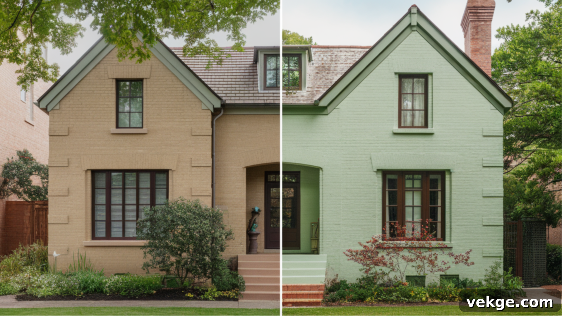Tan Brick to Sage Green Exterior Paint