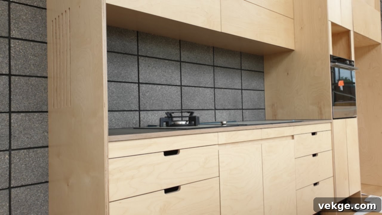 Modern kitchen featuring light birch plywood cabinets and exposed edges, creating a warm, minimalist aesthetic. The space is bright and airy, complemented by a light countertop and natural light.