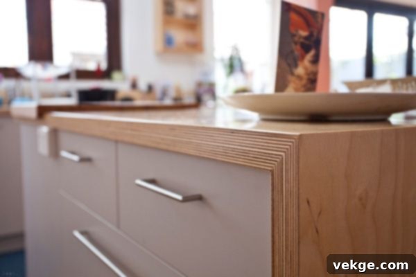 Custom-built birch plywood kitchen island with integrated seating, showcasing the exposed layered edges and a modern, minimalist design. The kitchen combines natural wood tones with simple, clean lines.