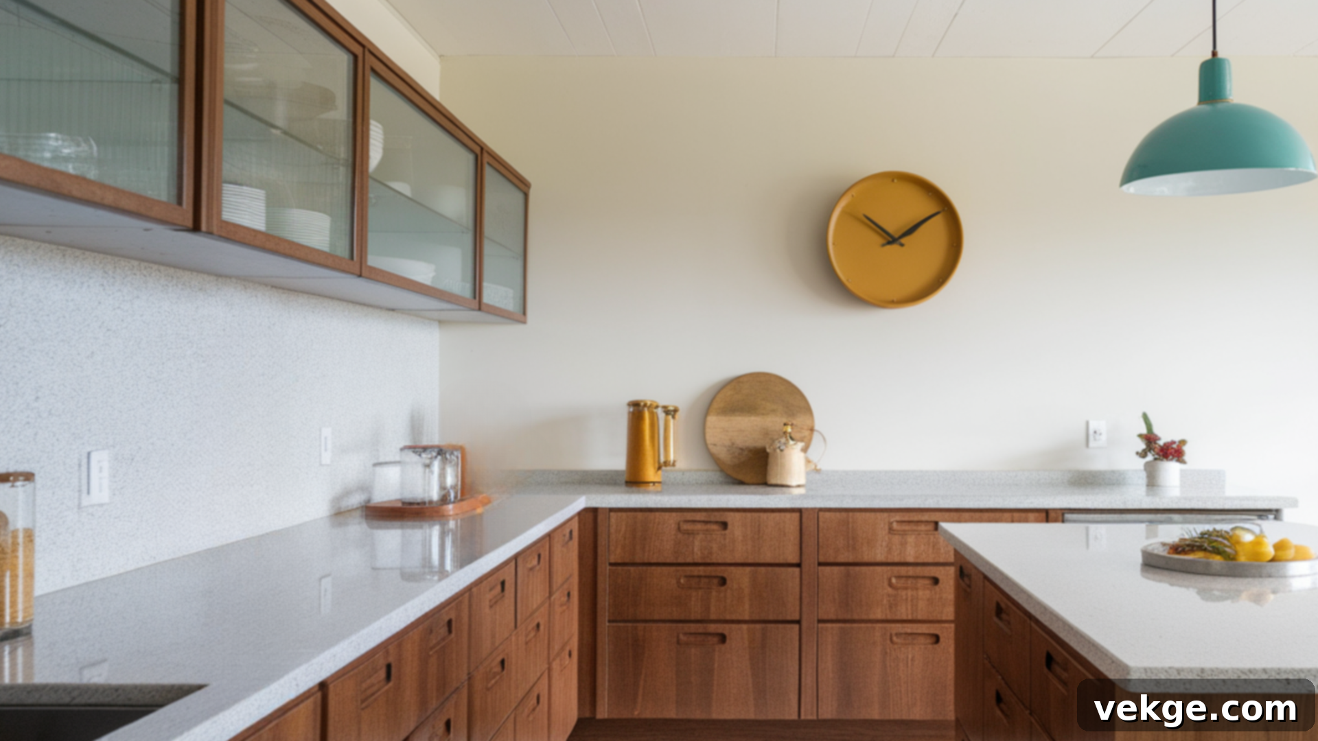 Classic Mid-Century Modern Kitchen with Walnut Cabinetry and Balanced Color Accents