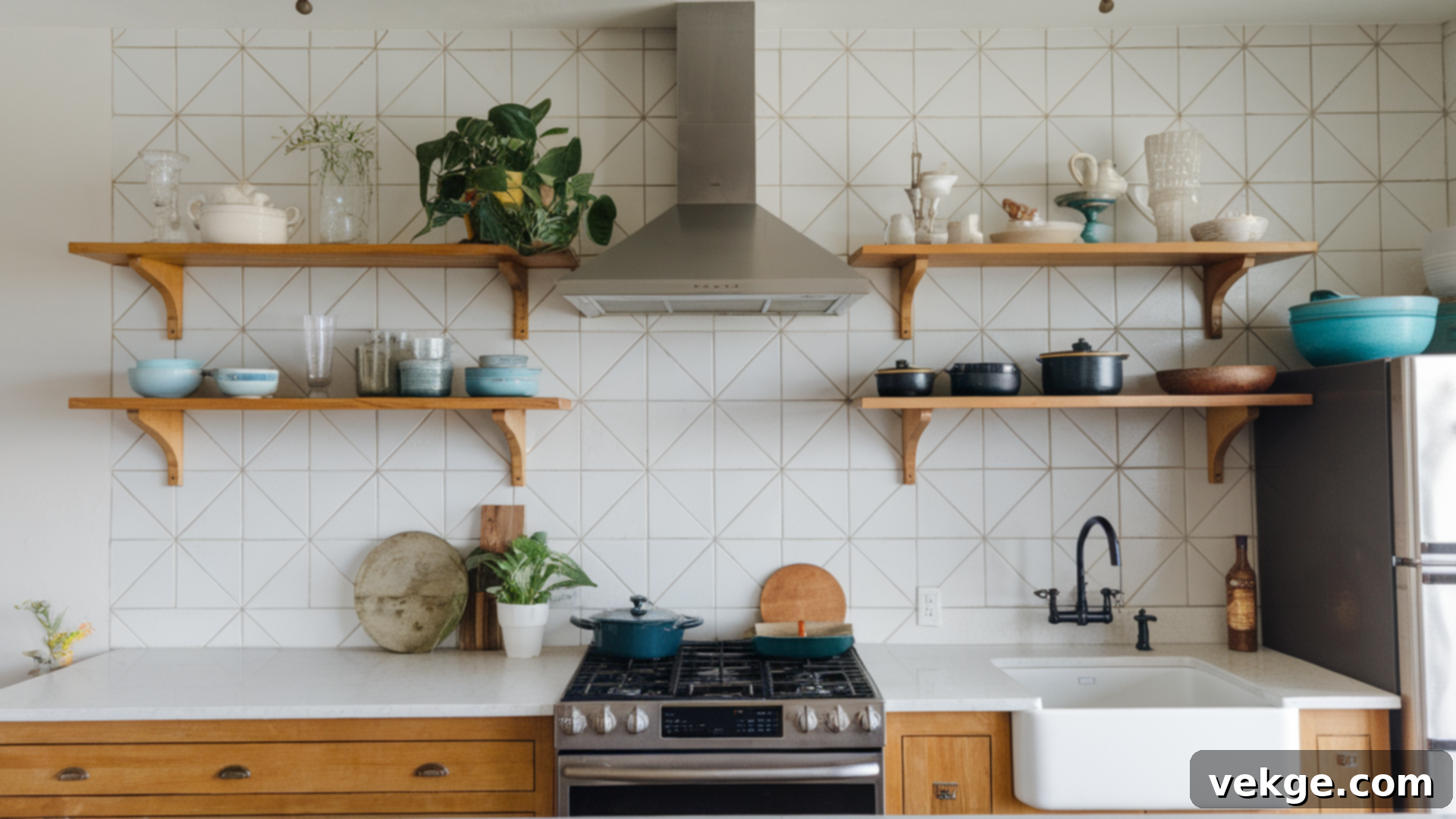 Mid-Century Kitchen with Geometric Tile Backsplash and Open Shelving