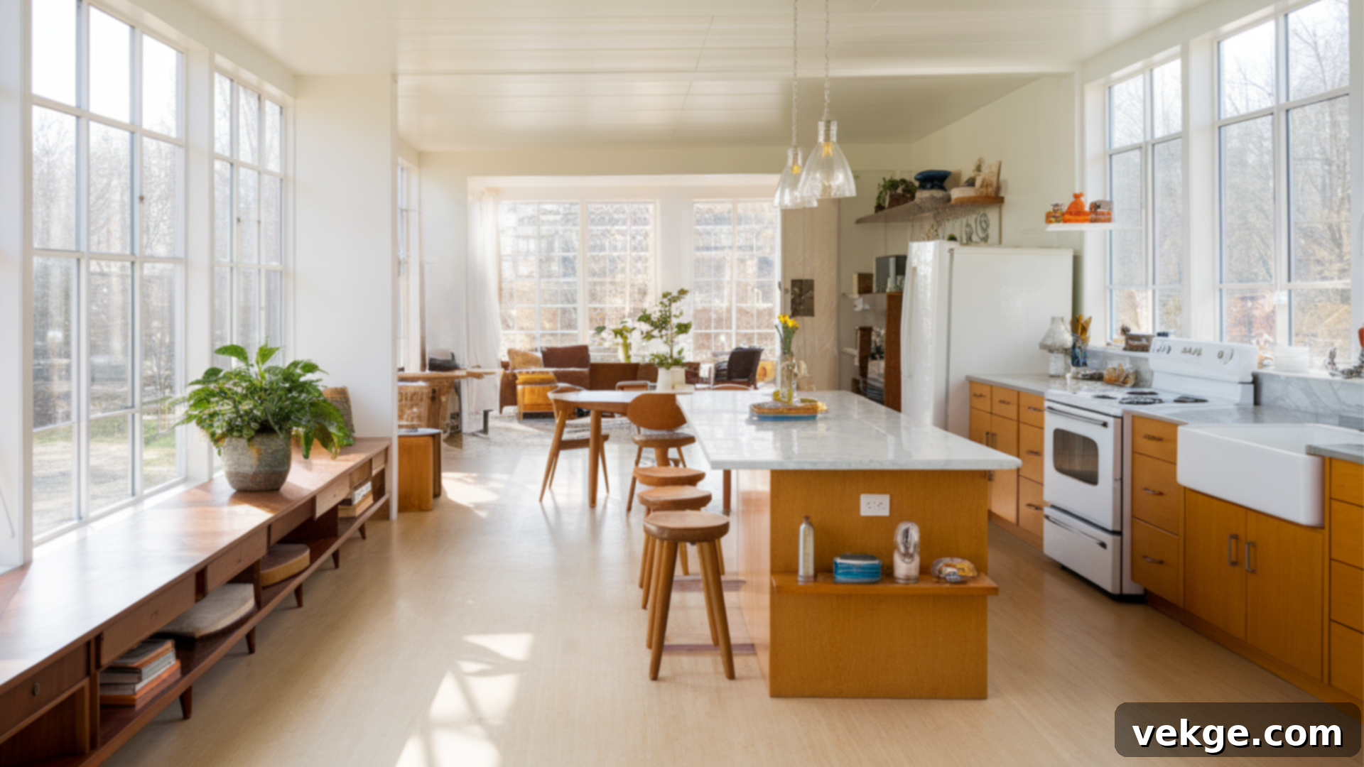 Bright Mid-Century Modern Kitchen with Large Windows and Open Layout