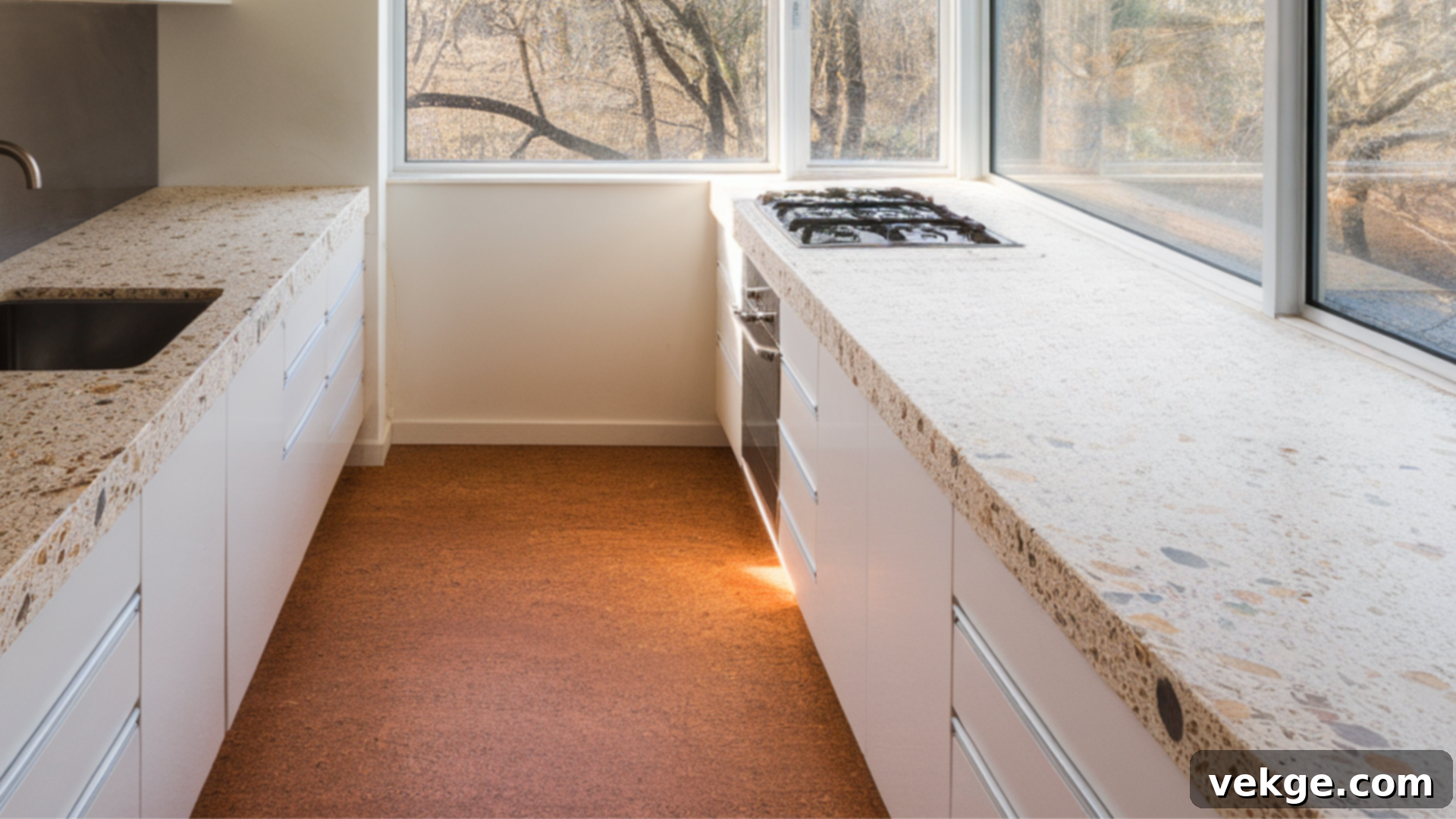 Mid-Century Kitchen with Terrazzo Countertops and Cork Flooring