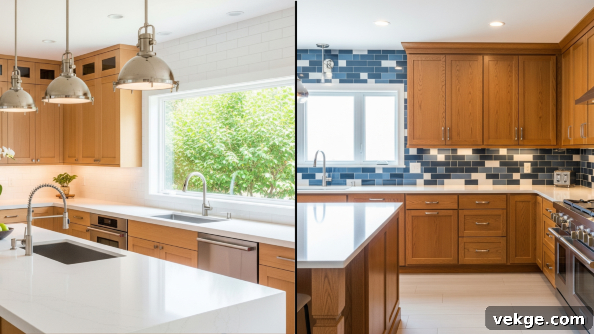 Modern kitchen featuring a sleek white quartz countertop and geometric tile backsplash complementing oak cabinets