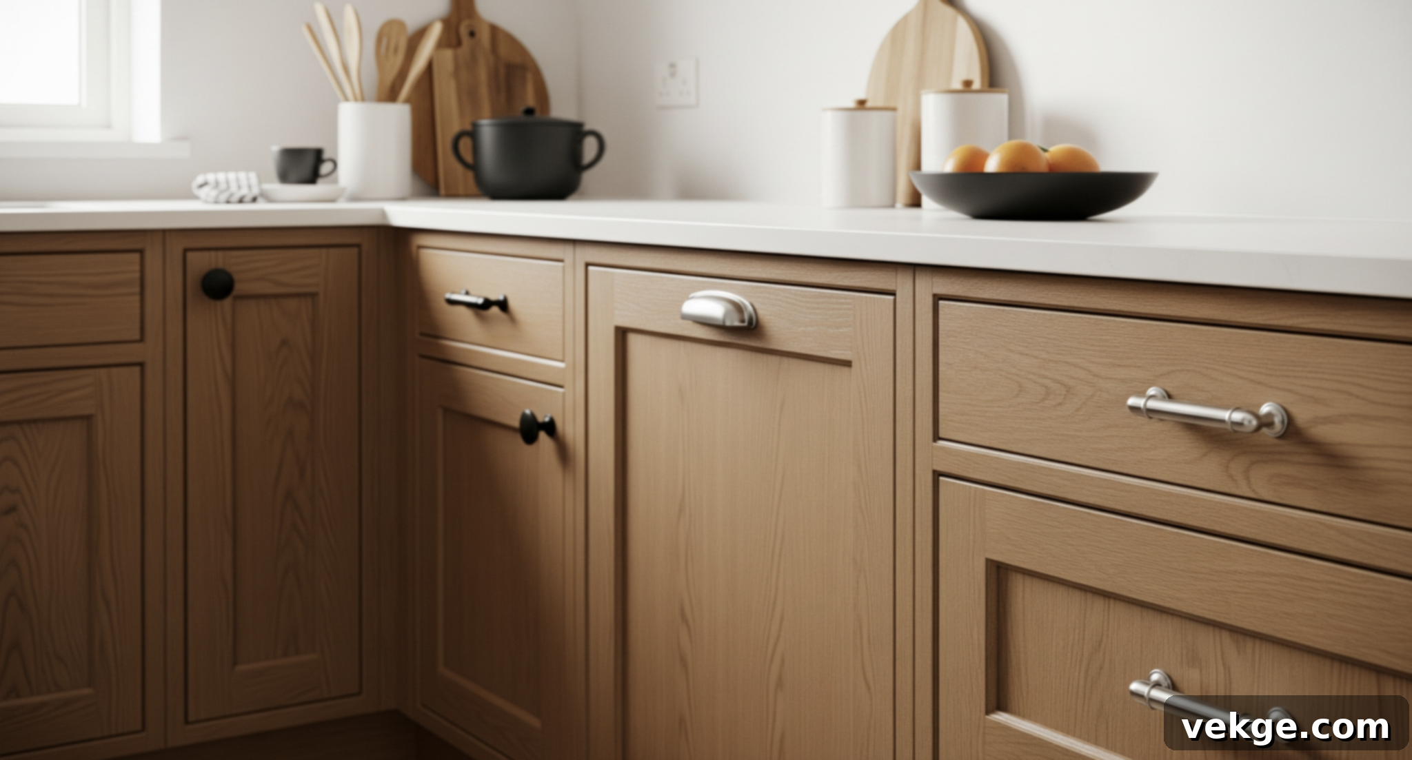 Modern matte black cabinet pulls on light wooden kitchen cabinets, showcasing updated hardware