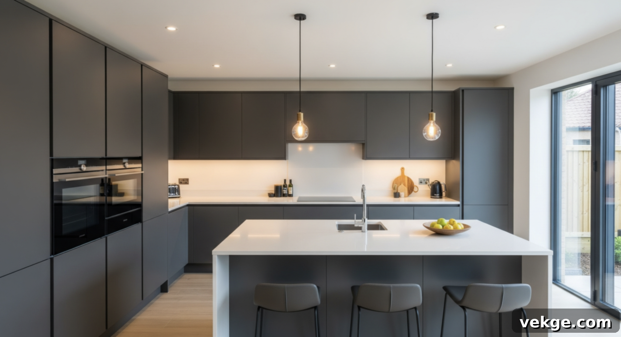 Modern kitchen with sleek pendant lights over an island, illuminating updated cabinets