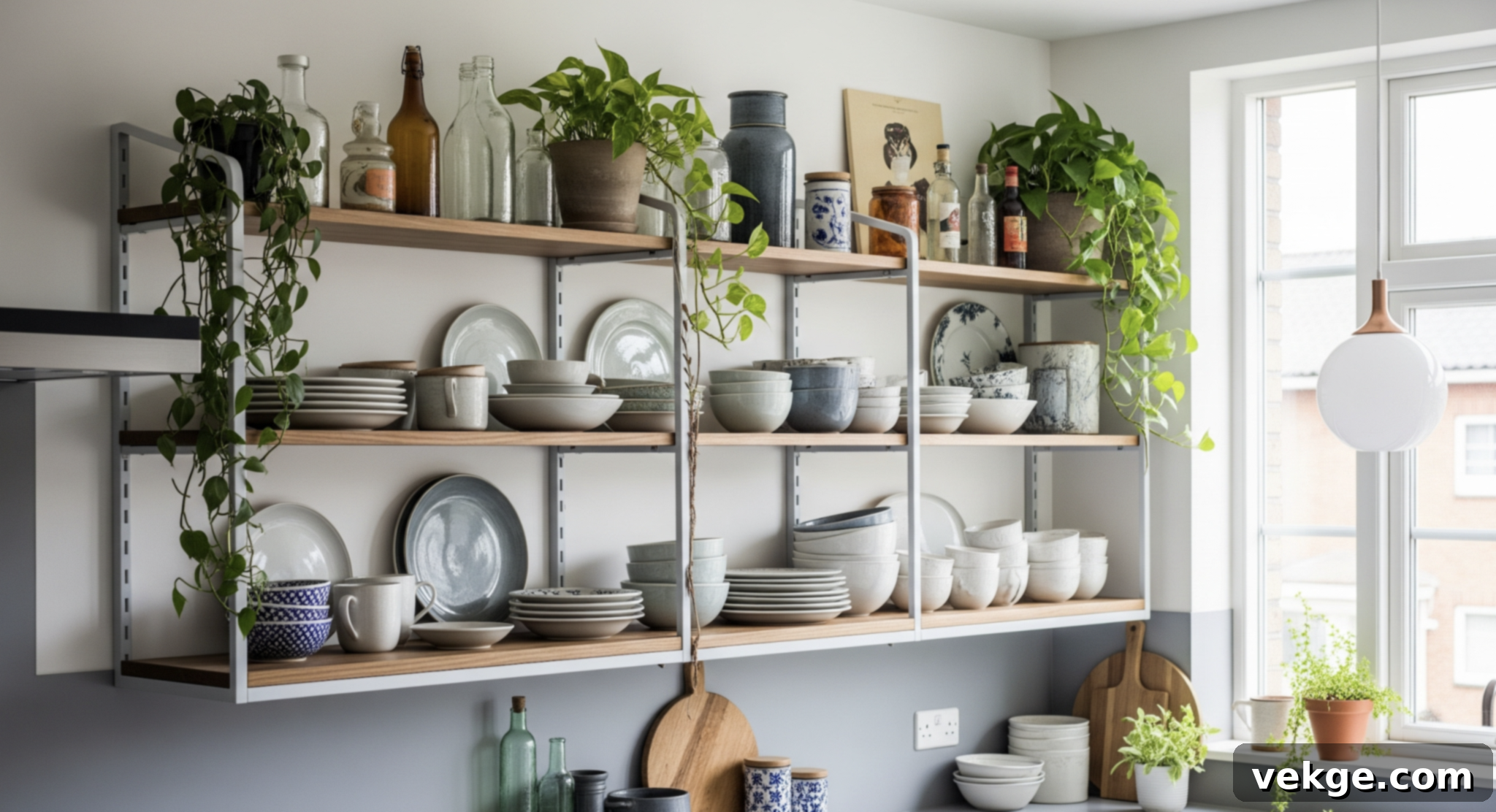 Modern kitchen featuring open wood shelves displaying ceramics and plants, integrated with traditional cabinetry