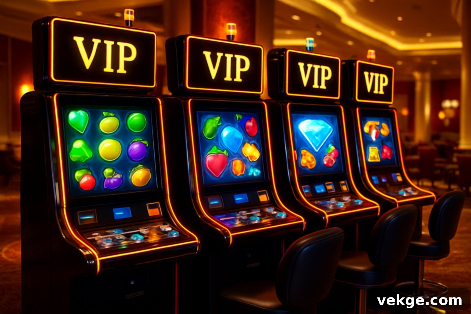 A row of modern slot machines with colorful screens and glowing lights inside an elegant casino interior.