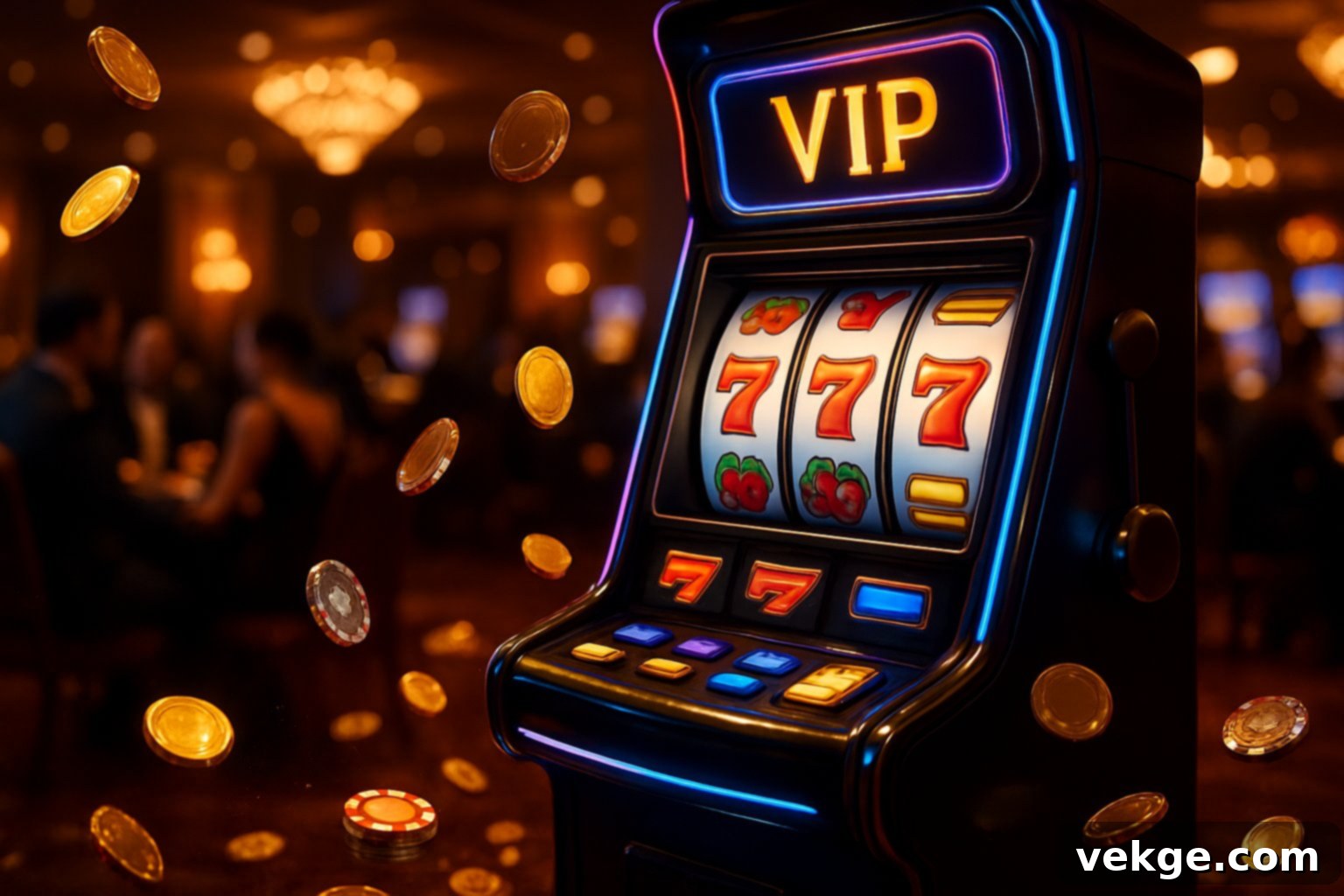 A luxurious casino slot machine area with glowing slot machines, gold coins, and casino chips, with people enjoying the game in the background.