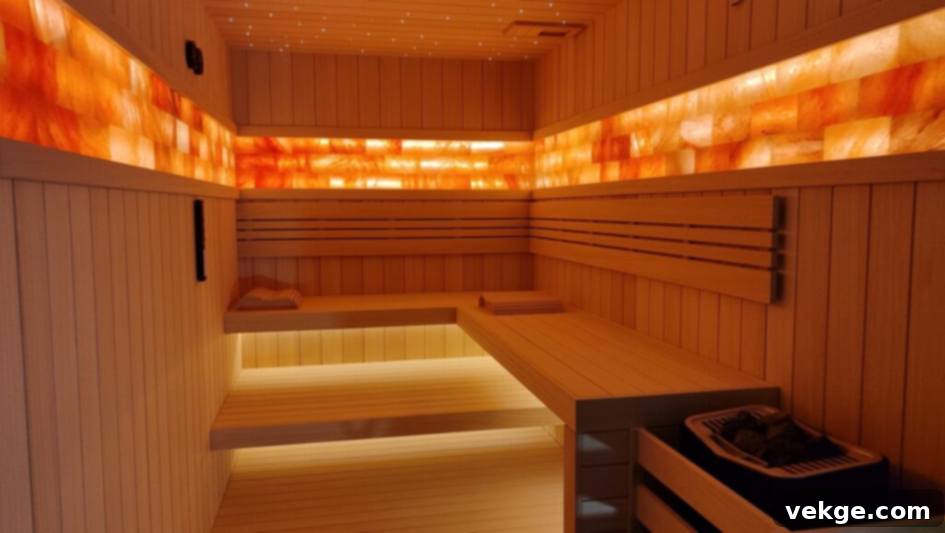 Modern sauna interior with wooden benches and heater