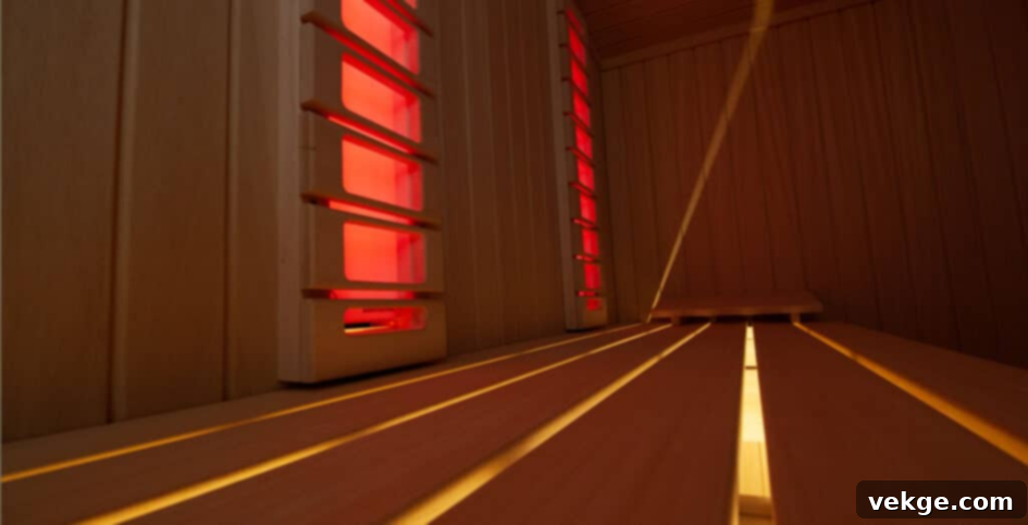 Person relaxing inside a modern sauna with ambient lighting