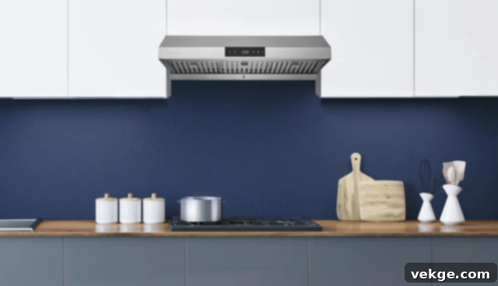 Hauslane UC-PS18 under-cabinet range hood with a touch-screen interface and modern kitchen setting.