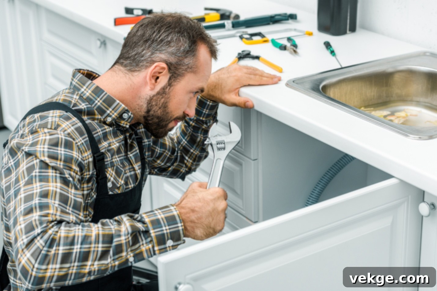 A person fixing a sink - A focused individual is diligently working to repair a kitchen sink, tools laid out neatly around them. The scene emphasizes the practical, hands-on nature of plumbing work.