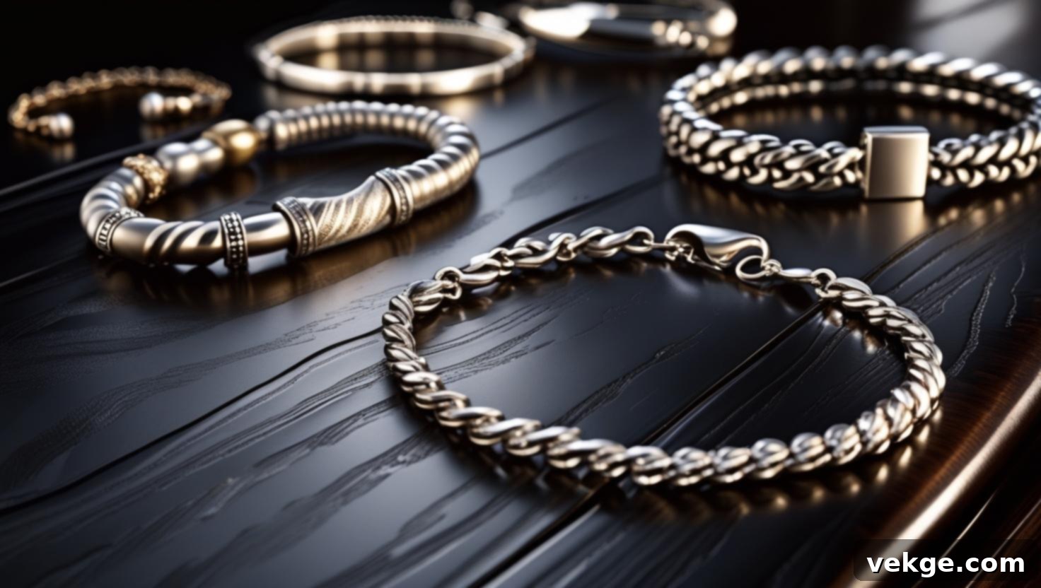 A close-up of various luxury silver bracelets, including chain, beaded, and textured designs, displayed elegantly on a dark wooden surface.