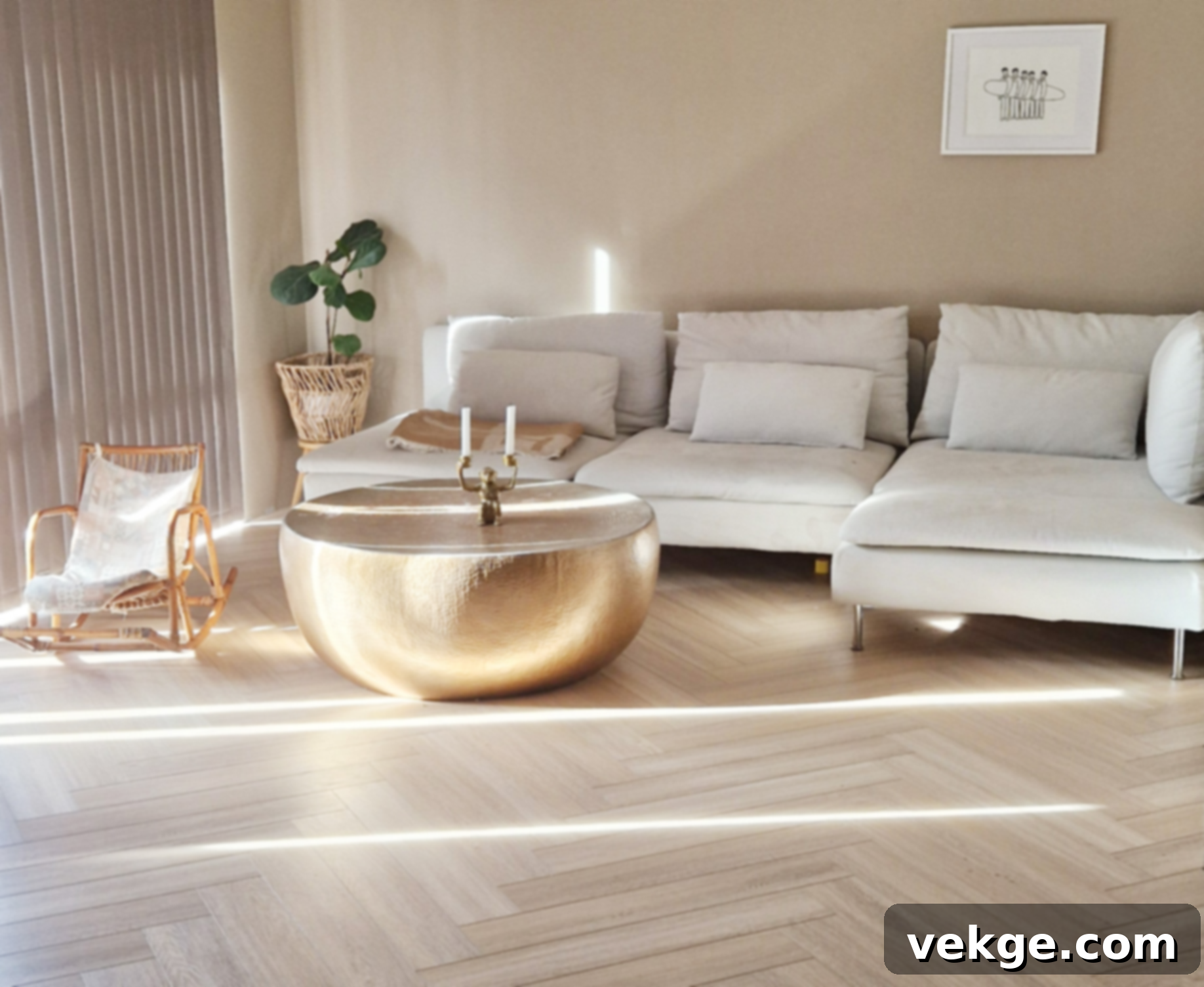 A living room with a couch and a table, featuring wide plank hybrid flooring