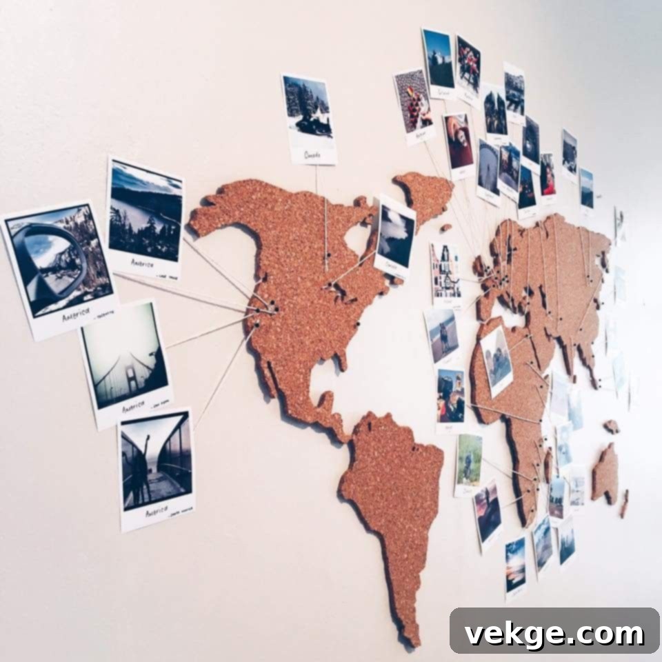 World map with thread trails connecting photos to locations