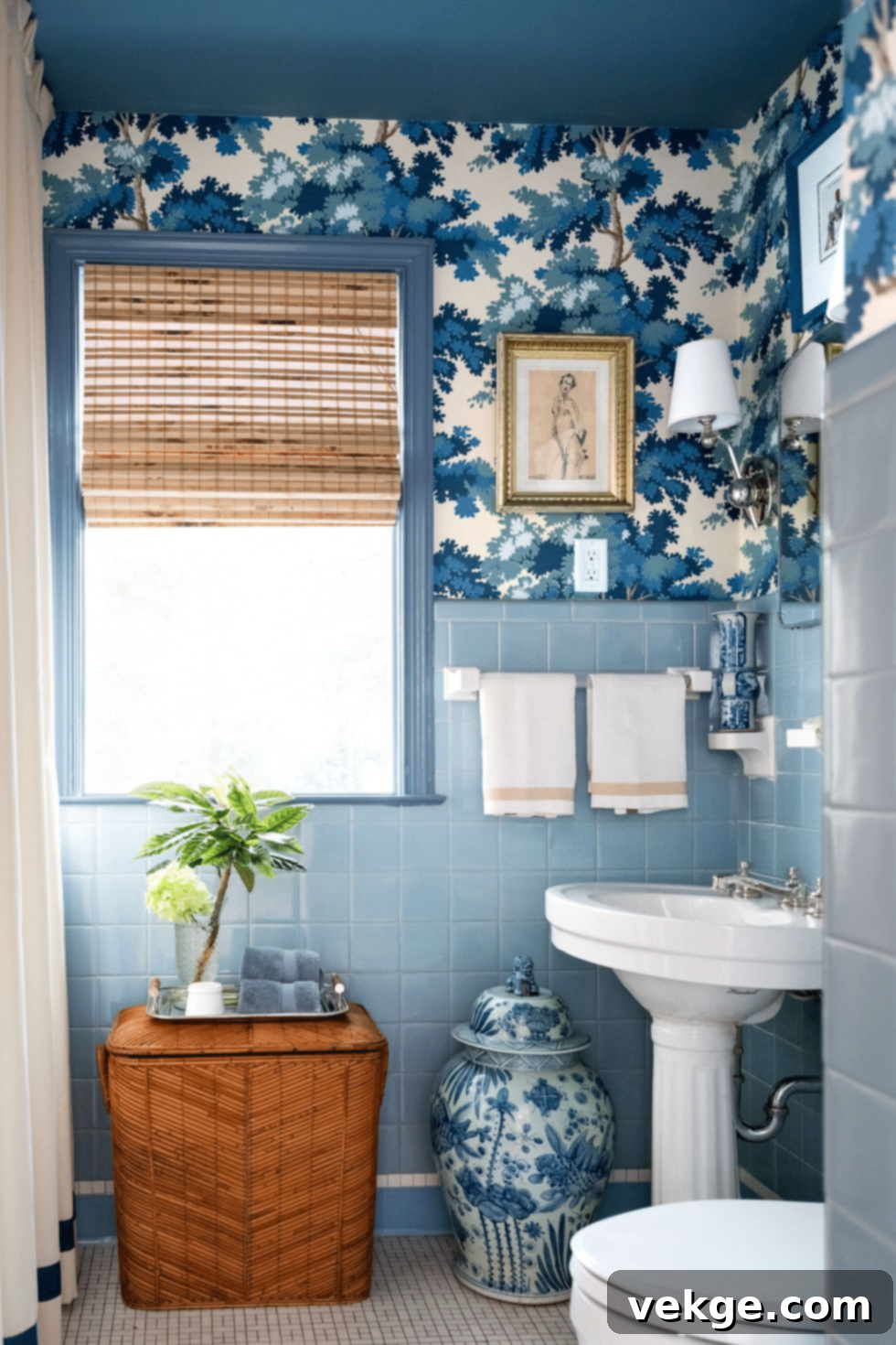 Clever storage solutions and vibrant colors in a tiny bathroom
