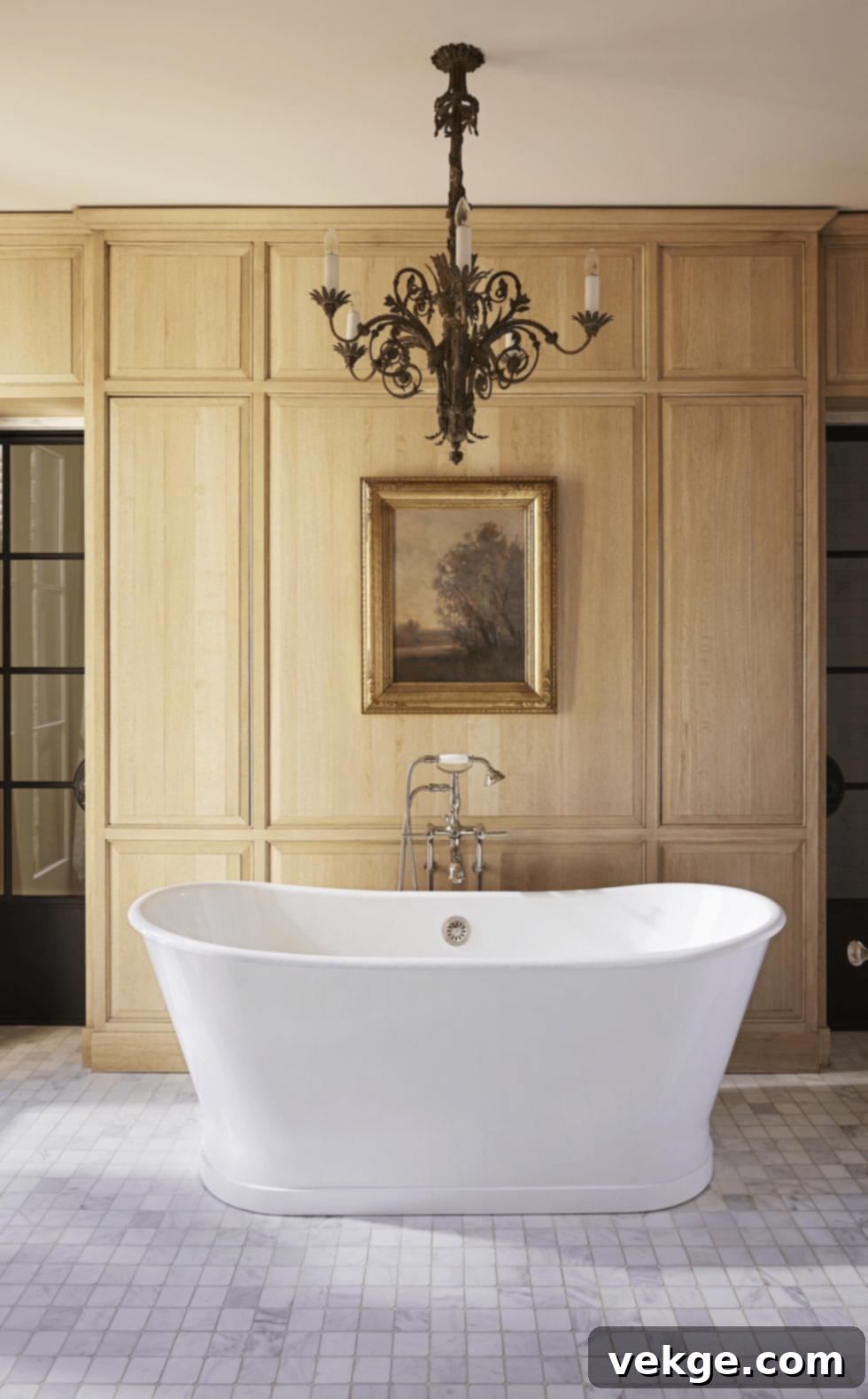 Lavish cottage bathroom with a formal chandelier over a deep soaking tub and oak paneling