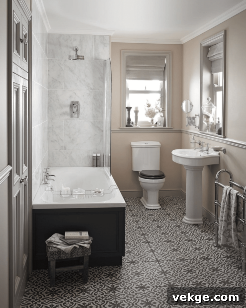 Bathroom interior with bold patterned floor tiles in a classic black and white scheme