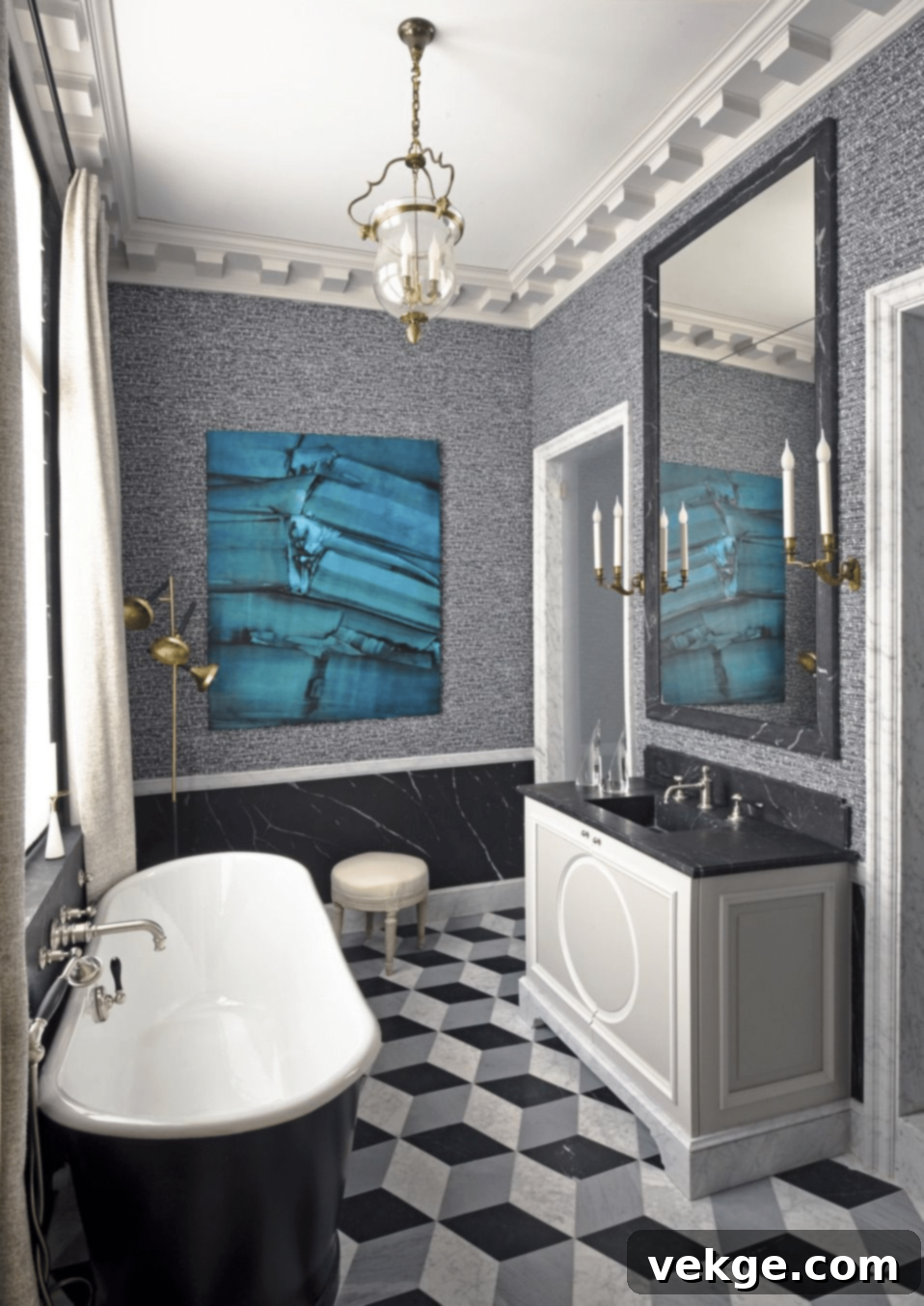 Modern classic bathroom with Tarquin and Carrara marble, 3D flooring, and gold fixtures